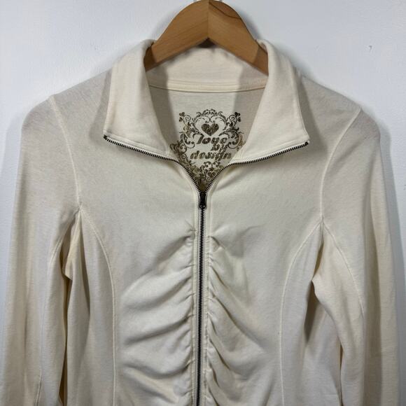 Love by Design Jacket Women M Cream Gold Metallic Graphic Long Line Y2K Spring - Picture 3 of 7